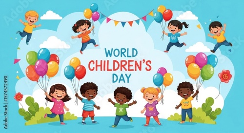 Celebrating World Childrens Day with Joyful Kids and Colorful Balloons