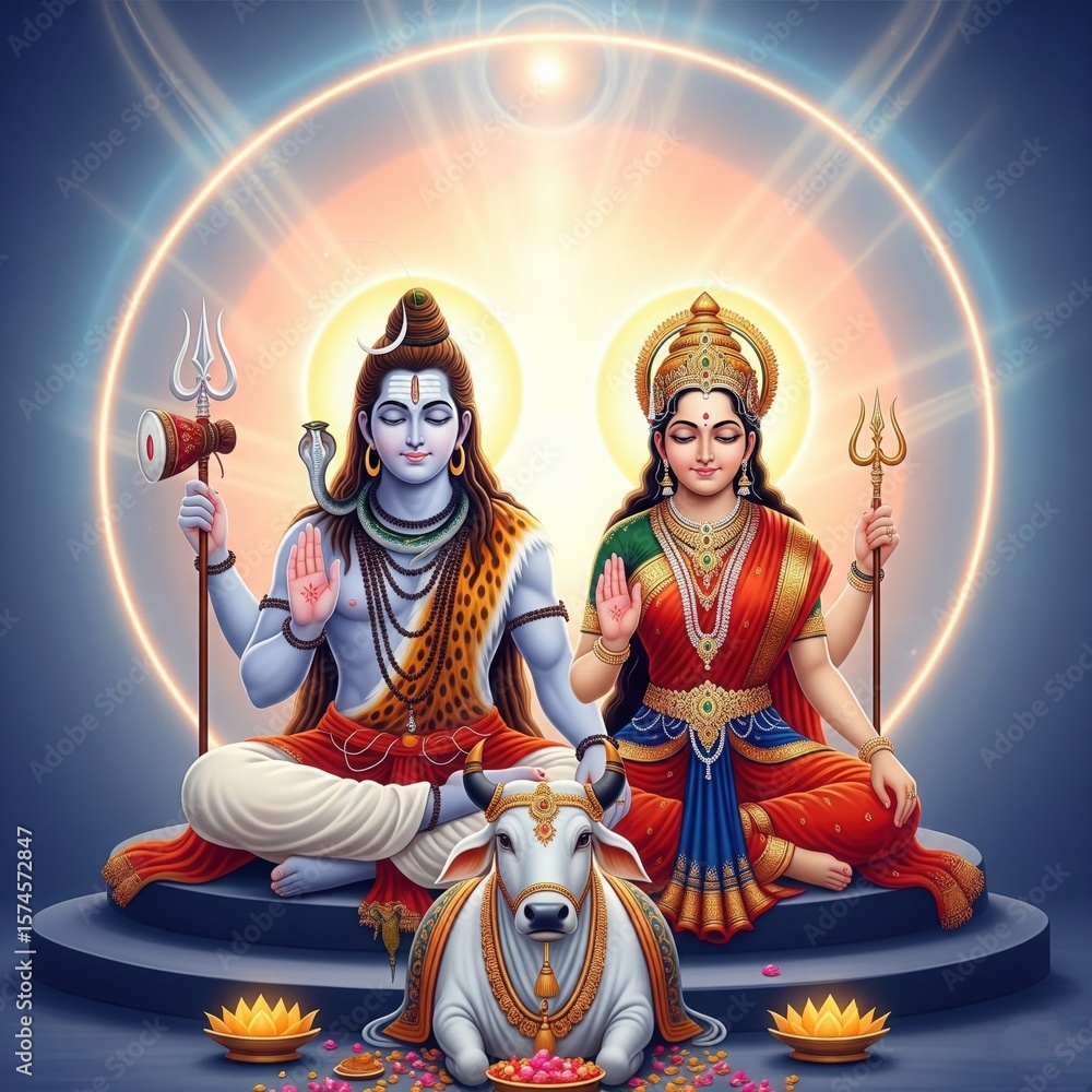Fototapeta premium Shiv Parvati with Nandi and Aura – Square Spiritual Design (1:1)