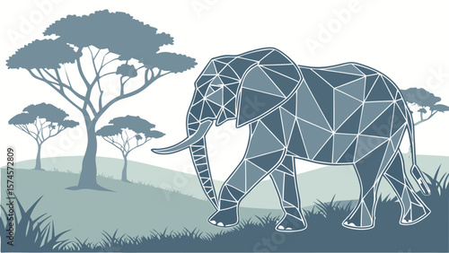Geometric elephant walking in a savanna landscape with trees and grass in shades of gray and white color