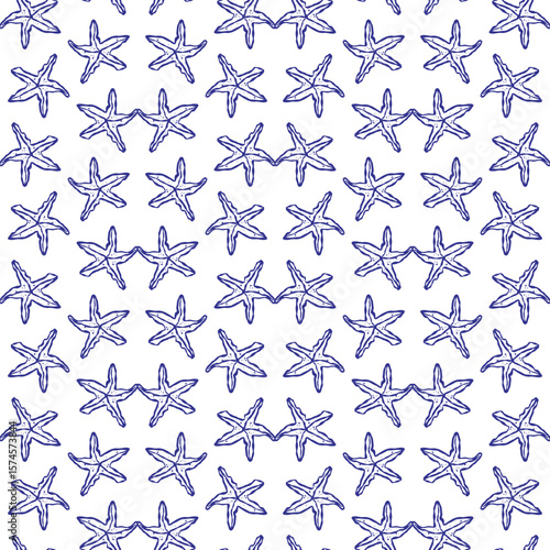 Hand-drawn starfish and underwater reef design capturing coastal and oceanic elements. Seamless pattern perfect for textile and decorative backgrounds.