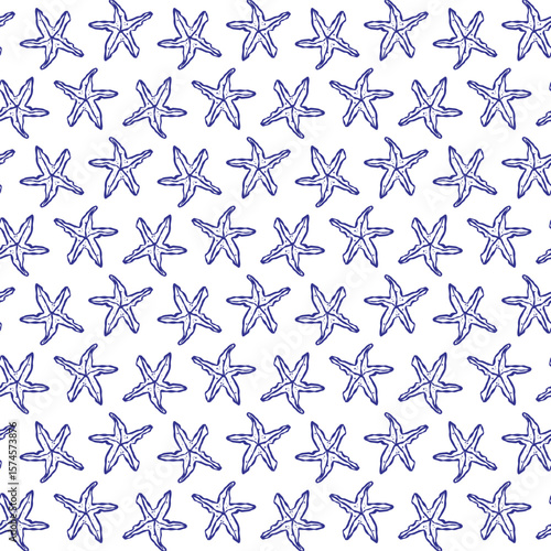 Hand-drawn starfish and underwater reef design capturing coastal and oceanic elements. Seamless pattern perfect for textile and decorative backgrounds.