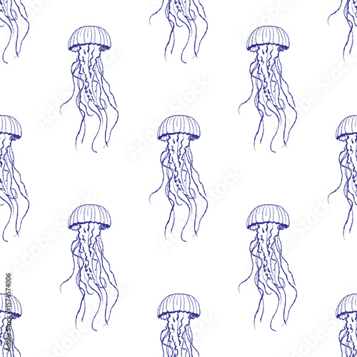 Artistic artwork showing jellyfish in their natural ocean habitat. The composition combines underwater transparency, plankton, and serene seaside elements.
