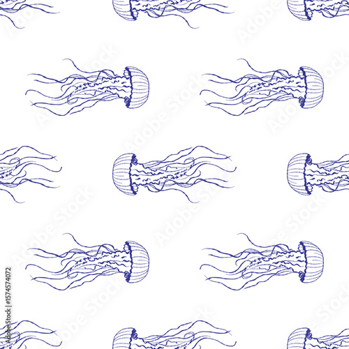Artistic artwork showing jellyfish in their natural ocean habitat. The composition combines underwater transparency, plankton, and serene seaside elements.
