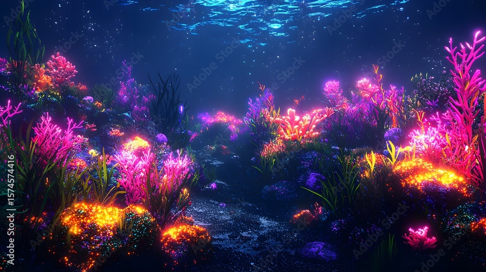 Fototapeta premium A vibrant underwater fantasy scene depicts glowing coral reefs and luminous plants in a surreal anime-style ocean world with fantastical bioluminescent flora thriving in a deep sea