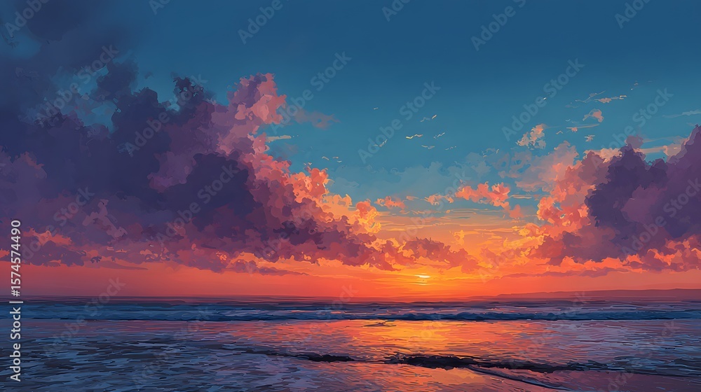 Fototapeta premium Vivid sunset colors paint the ocean and clouds in a stunning seascape illustration.
