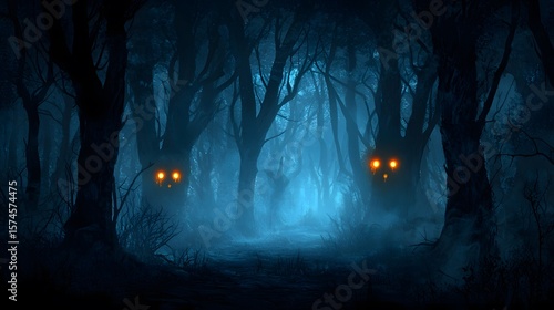 An eerie anime-style haunted forest path is shrouded in mist with glowing eyes pee from behind shadowy trees creating a spooky yet captivating atmosphere perfect for Halloween