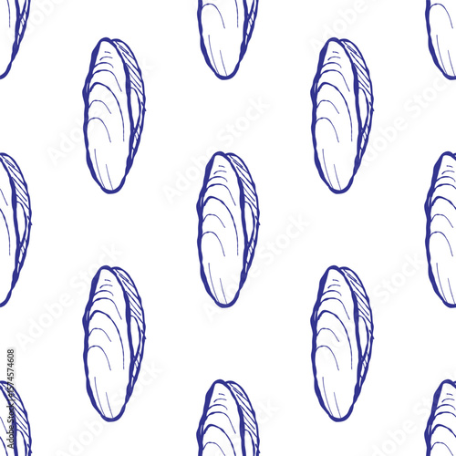 Detailed illustration of mussels and shellfish in a marine setting. Hand-drawn bivalves shown with artistic textures and ocean-inspired colors.