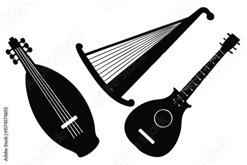 Silhouettes of three diverse stringed musical instruments on white background