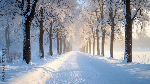A serene anime-style winter landscape depicts a snow-covered path lined with frost-covered trees bathed in the soft glow of a rising sun creating a peaceful and magical atmosphere.