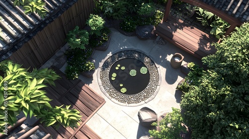 A serene anime-style zen garden with soft lighting features a minimalist circular pond surrounded by lush greenery and wooden pathways, offe a tranquil escape.