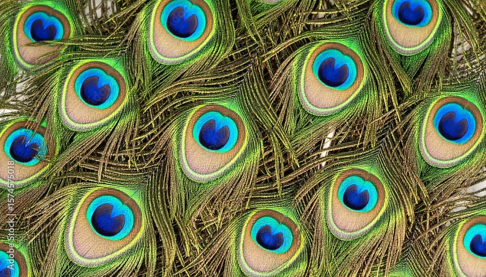 Obraz premium Vibrant Peacock Feathers Close Up Texture Background.