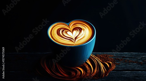 A perfectly crafted mocha latte art heart design adorns a teal ceramic mug resting on a rustic dark wooden table with coffee grounds scattered nearby creating a warm inviting cafe