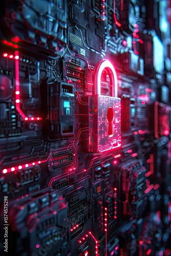 Realistic fantasy photo cybersecurity virtual code black neon thin barcode lock from fantasy minimalism chips of different sizes
