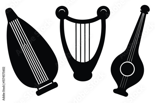 Three stylized black silhouettes of stringed musical instruments