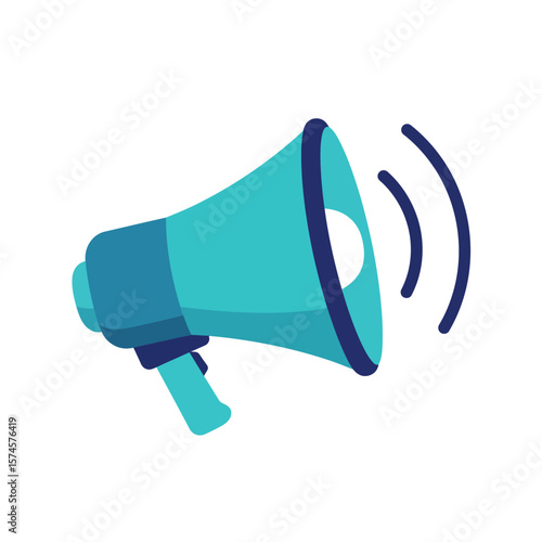A stylized illustration of a teal megaphone emitting sound waves, isolated.