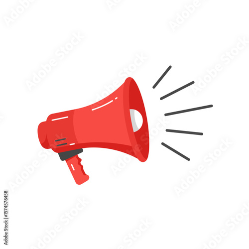 A bright red megaphone with sound waves radiating outwards, isolated on white.
