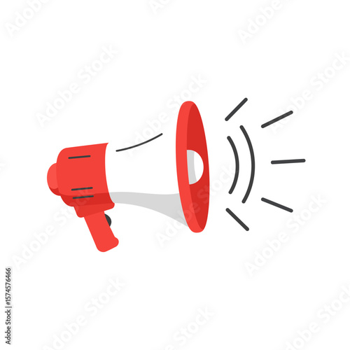 A red and white megaphone icon, emitting sound waves, isolated on white background.