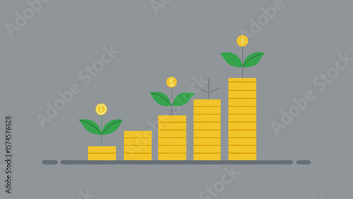 A series of stacks of coins with a plant growing out of the middle. The plant is surrounded by the coins, which are arranged in a pyramid shape. Concept of growth and prosperity
