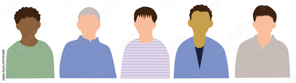 Fototapeta premium いろんな国の若い男性たち正面上半身アイコンセット5人_表情無