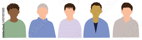 いろんな国の若い男性たち正面上半身アイコンセット5人_表情無