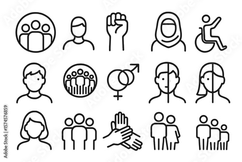 Diverse icons representing social issues, equality, and community engagement in a modern graphic design
