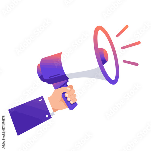 A hand holding a megaphone, broadcasting a message with sound waves, isolated on white.