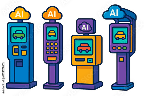 Various parking meter designs featuring AI technology in a modern urban setting