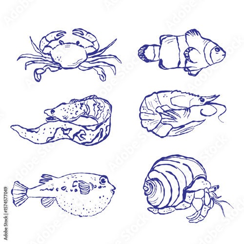 Hand-drawn marine illustration showcases shellfish and tropical fish. Textile-inspired style adds a handcrafted aesthetic.