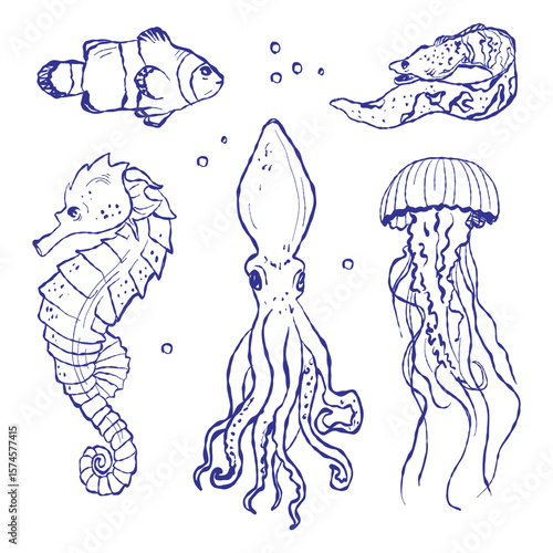 Hand-drawn marine illustration showcases shellfish and tropical fish. Textile-inspired style adds a handcrafted aesthetic.