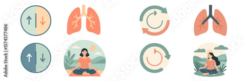 Breathing exercises illustrated with lungs and meditation in a serene landscape