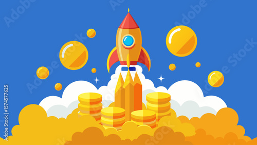 A rocket is flying through the sky with a bunch of gold coins and a bunch of small yellow balls