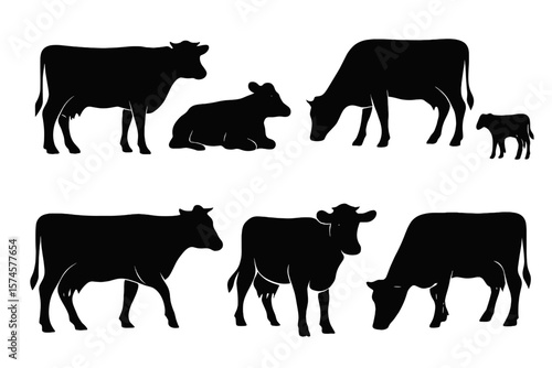 Various silhouettes of cows and calves appearing in different poses and sizes on a simple background