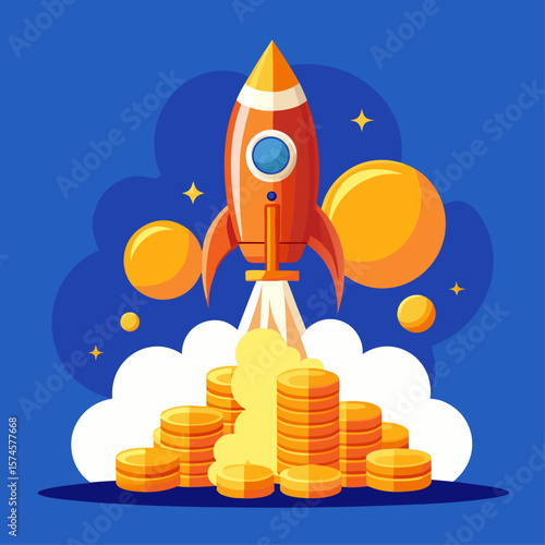 A rocket is flying through the sky with a bunch of gold coins and a bunch of small yellow balls