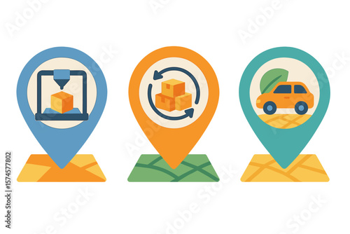 Delivery tracking icons representing packaging, returns, and transportation logistics in a modern graphic style