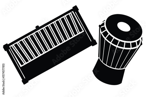 Black silhouette of a djembe drum and a kalimba instrument