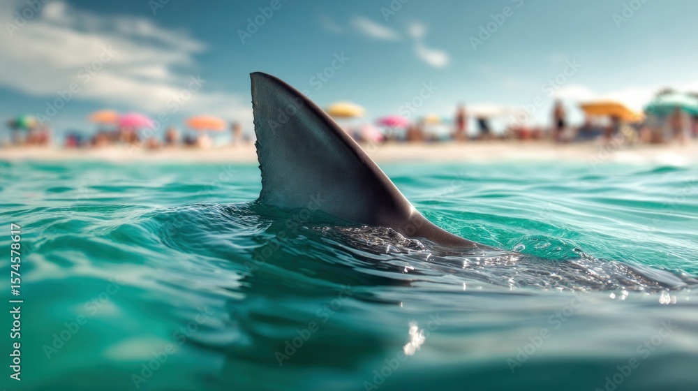 Fototapeta premium A shark fin breaks the water's surface near a beach with people and umbrellas in the background, creating a scene of summer and potential danger.