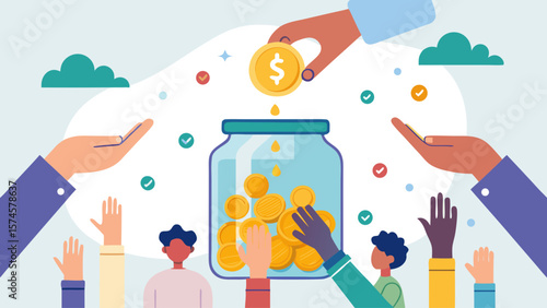 A jar full of coins is being given to a person. Concept of giving and receiving, and the mood is positive and generous