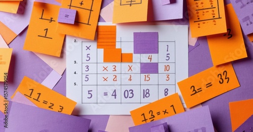 Math problems cover purple surface. Sticky notes display equations, multiplication, numbers. Complex calculations dominate visual space.