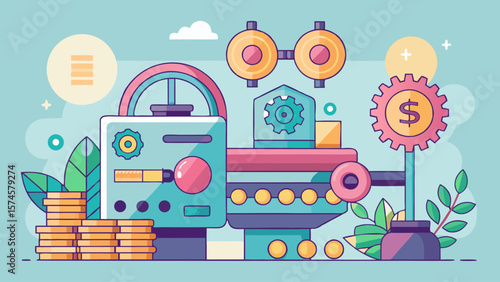 A cartoon drawing of a machine with a green gear and a yellow one with a dollar sign on it