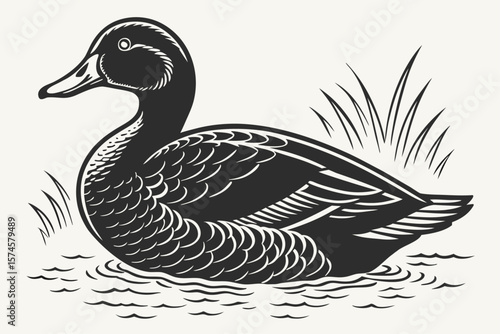 Vintage woodcut style black duck illustration in retro art