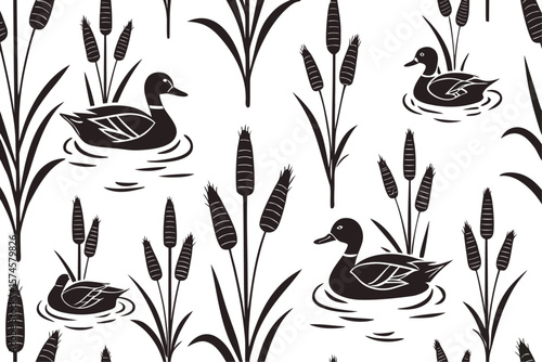 Seamless pattern of black ducks and cattails in a natural wetland setting