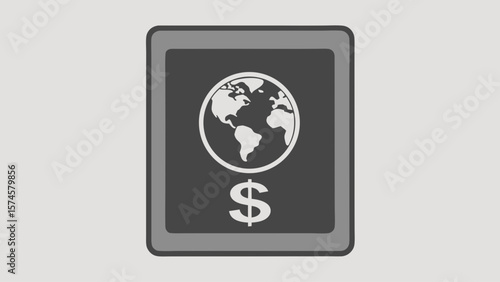 A black and white image of a globe with a dollar sign on it. The dollar sign is placed on the globe, and the globe is surrounded by a white background. Concept of the global economy