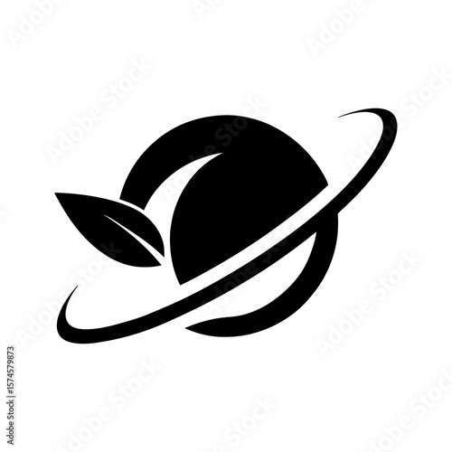 Minimalist leaf orbiting a planet icon for eco universe sustainability and green lifestyle