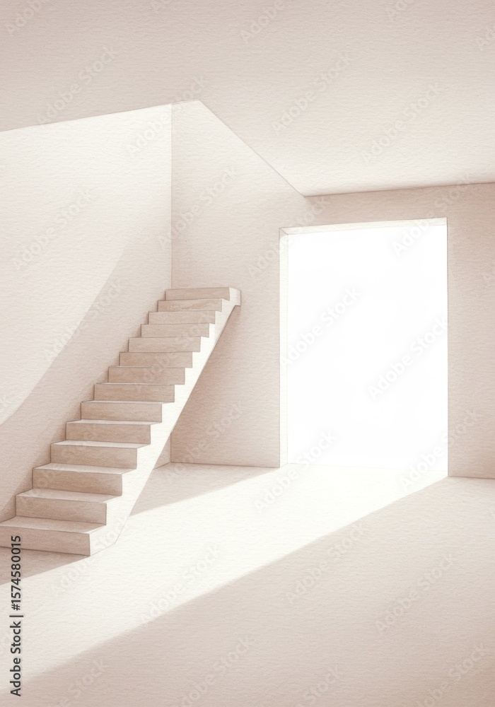 Obraz premium Ascent to Light Minimalist Room - A simple, empty room features a staircase leading towards a bright window, symbolizing growth, opportunity, progress, aspiration, and hope