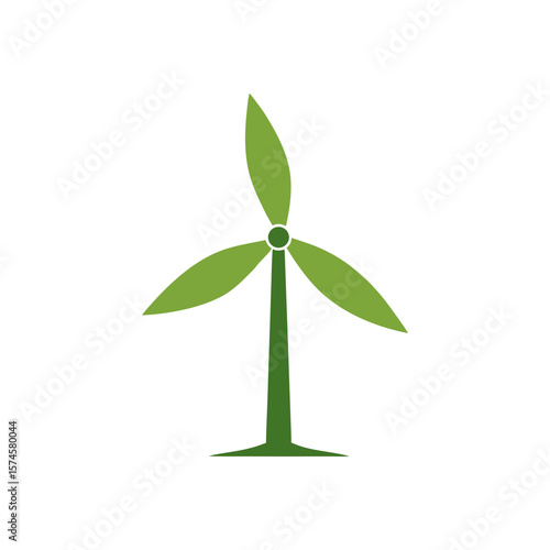Wind turbine icon with leaf shaped blades for green energy and clean power generation