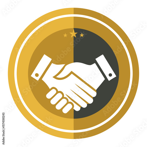 A gold coin with two hands shaking. Concept of trust and cooperation. The gold color of the coin adds to the sense of value and importance of the handshake