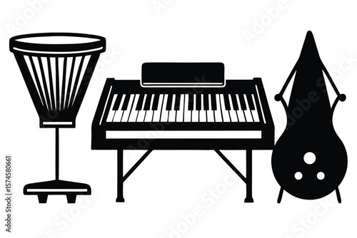 Silhouette of musical instruments including a drum keyboard and double bass