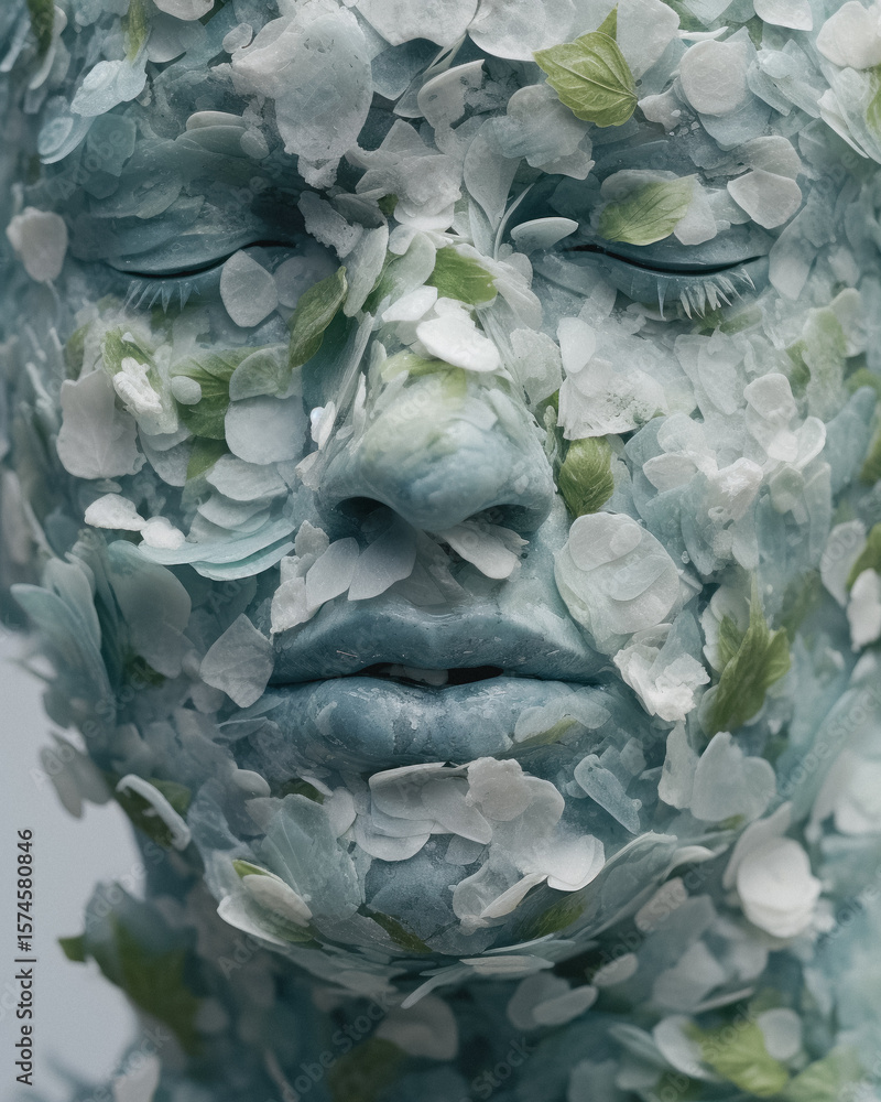 Obraz premium Psychological portrait of person covered in petals and leaves, AI generated.