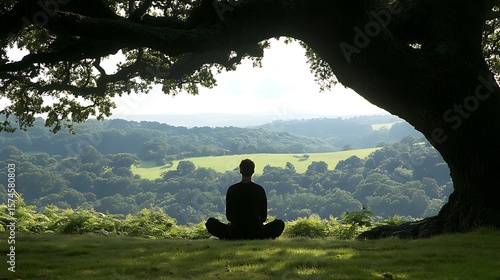 Person meditating under a large tree overlooking a landscape.
