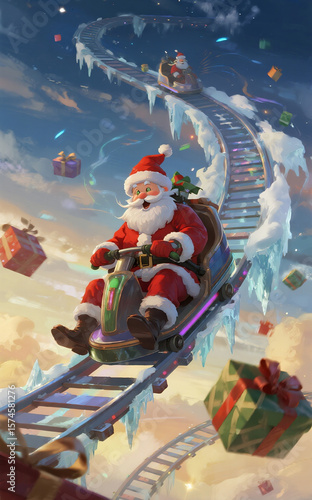 Santa's Whimsical Ride: Delivering Christmas Cheer on a Festive Roller Coaster Through a Snowy Sky